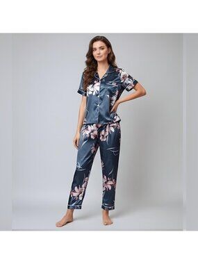 Floral Satin Pyjama Set Blue